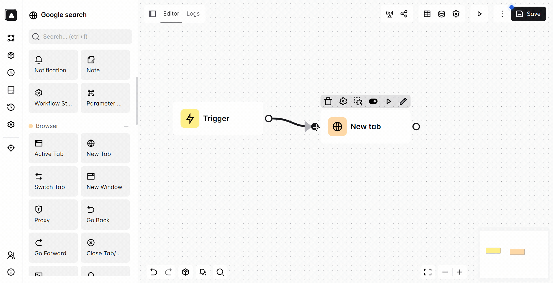从左边拖 New tab，连到 Trigger