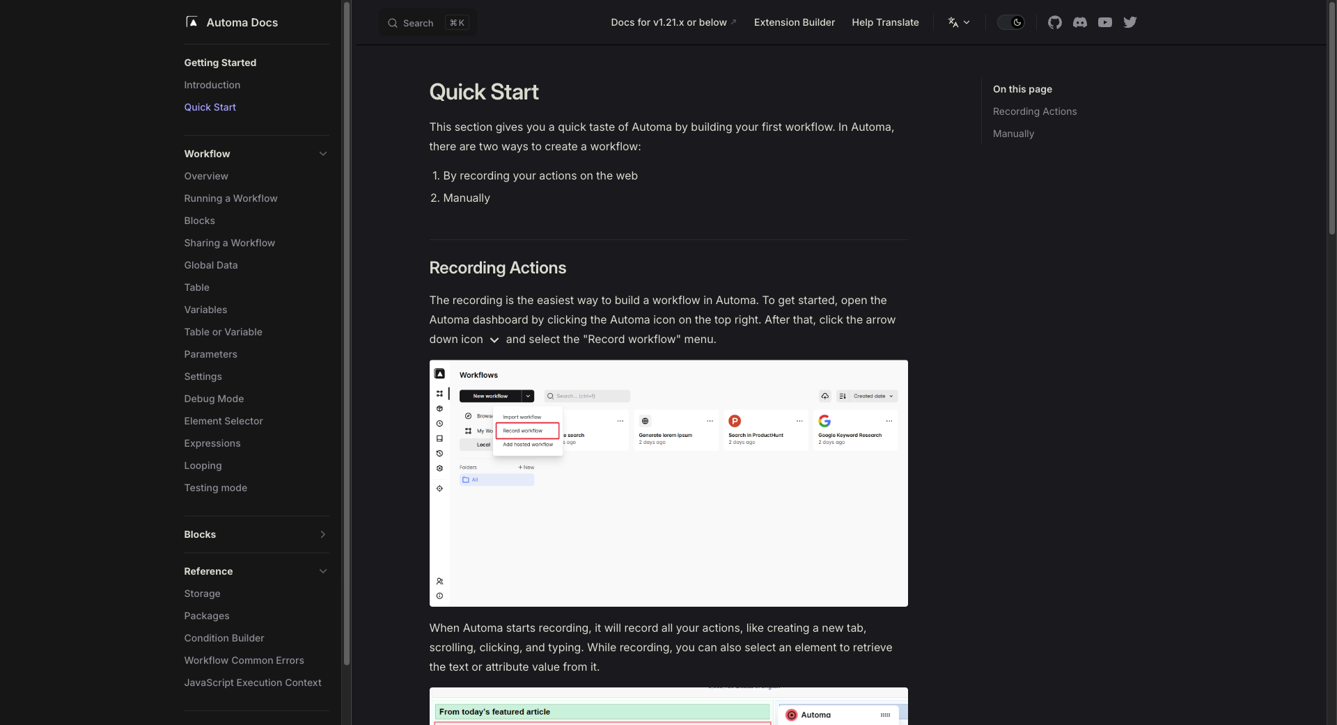 官方 Quick Start：Recording Actions / Manually