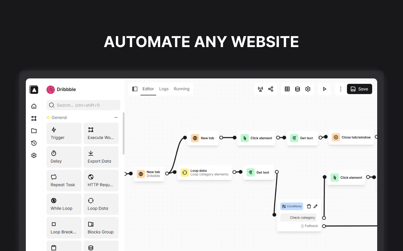 Automa 编辑器：Trigger → New tab → Click element → Get text