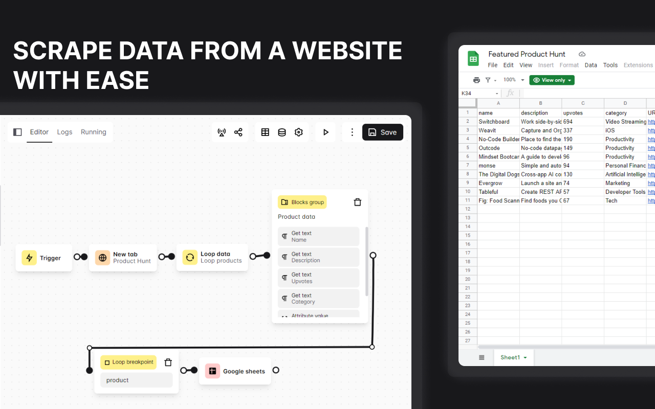 Trigger → New tab → Loop data → Get text → Google Sheets