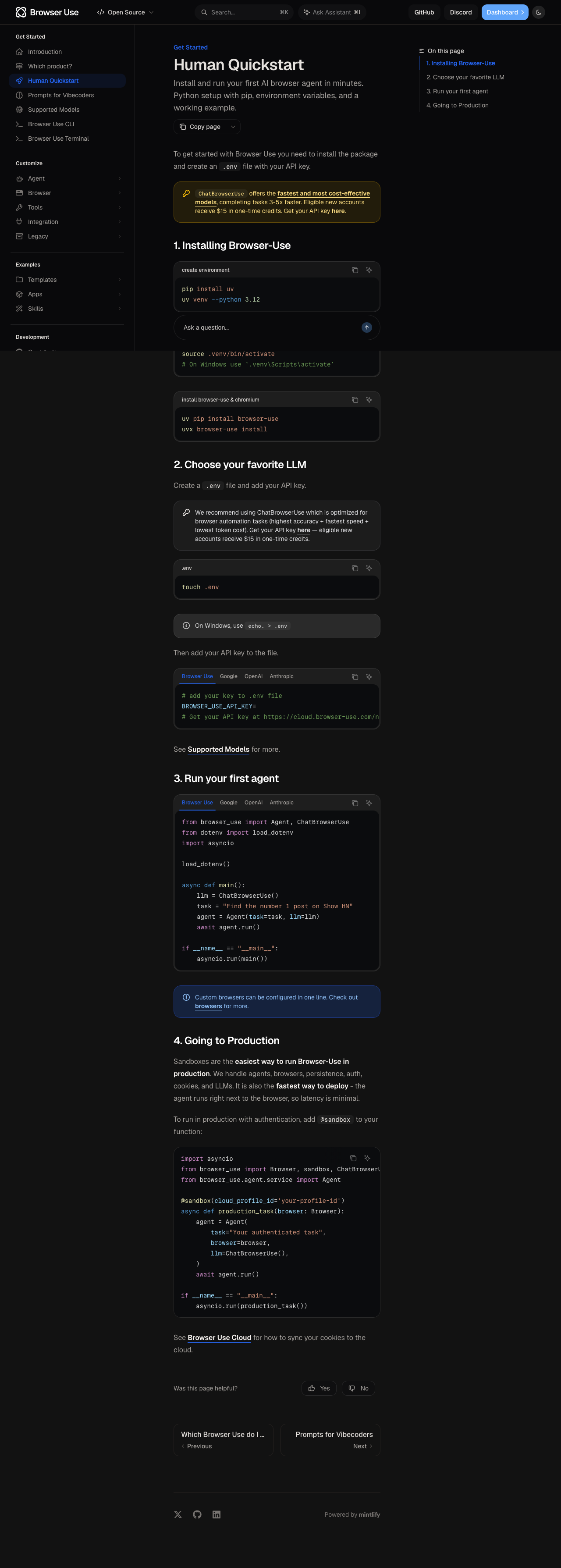 官方 Human Quickstart：Install / .env / first agent