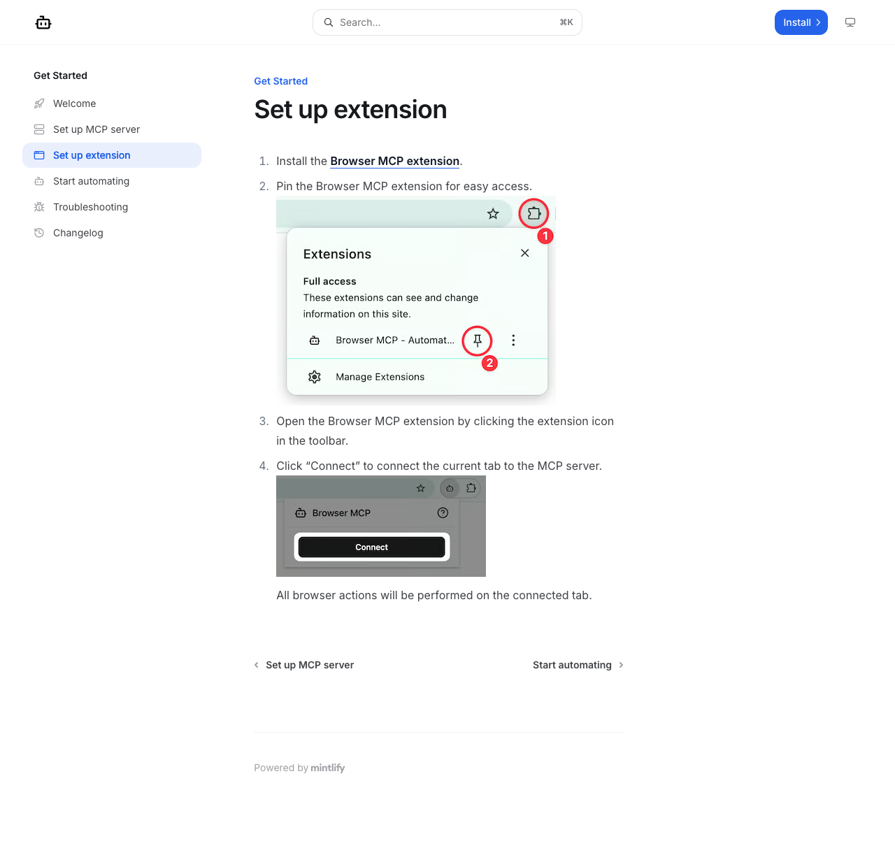 官方 Set up extension：钉图标，再点 Connect