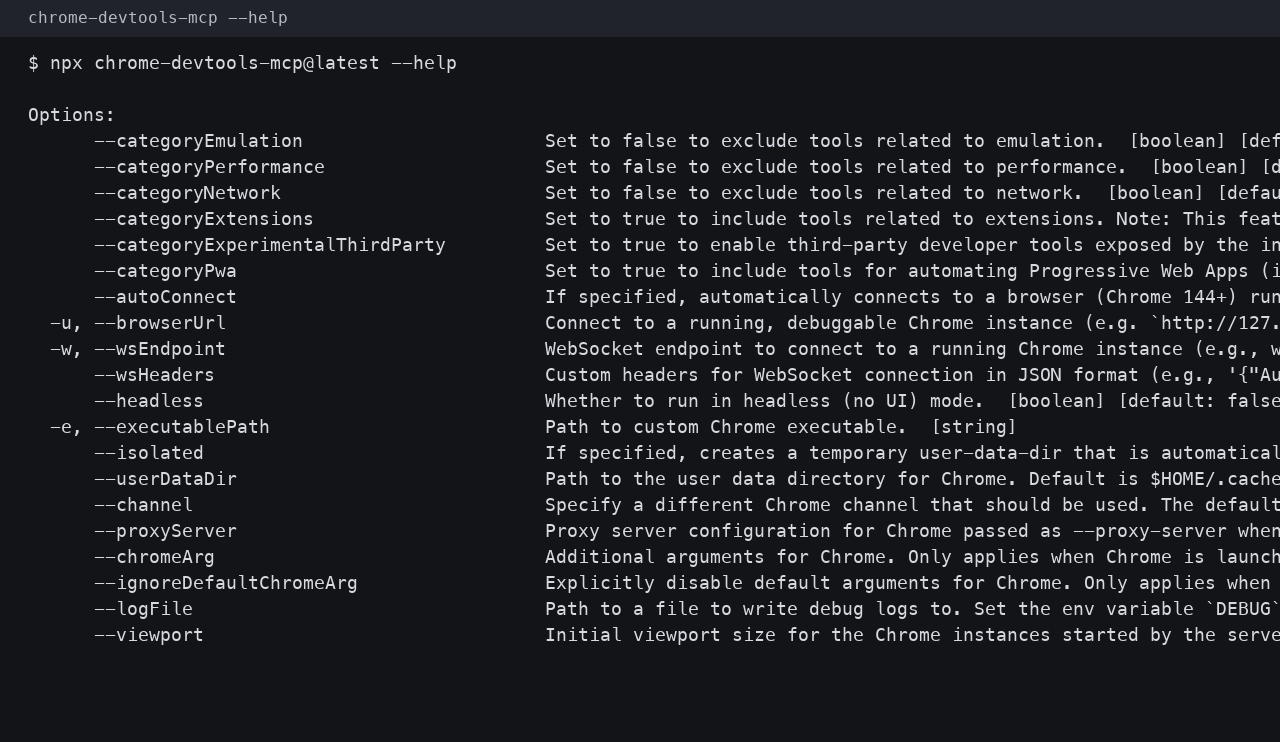 本机 npx chrome-devtools-mcp@latest --help