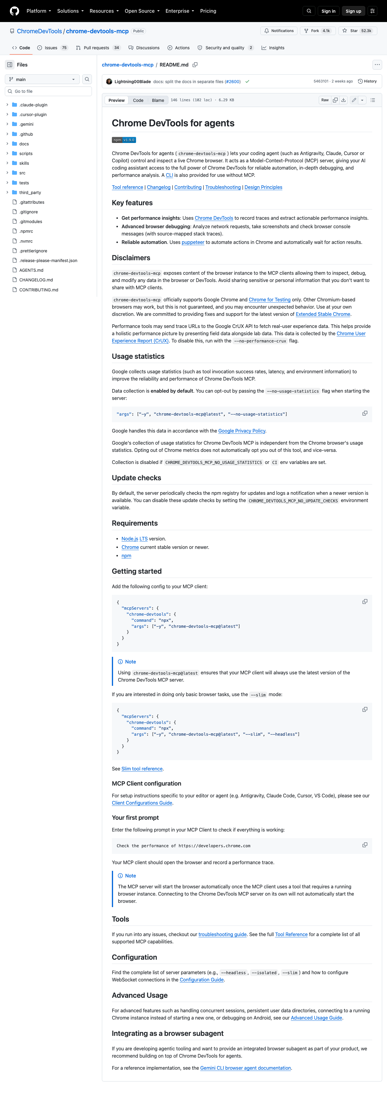 仓库 chrome-devtools-mcp README Getting started