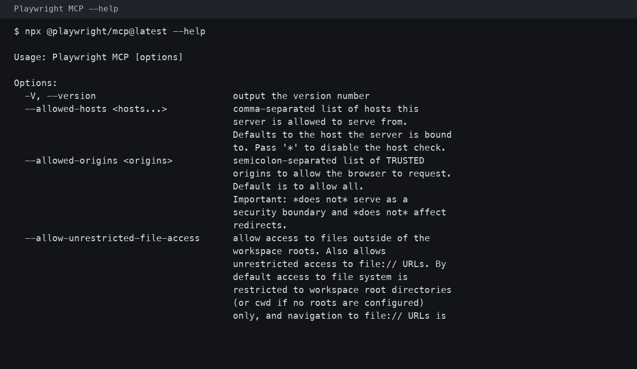 本机 npx @playwright/mcp@latest --help